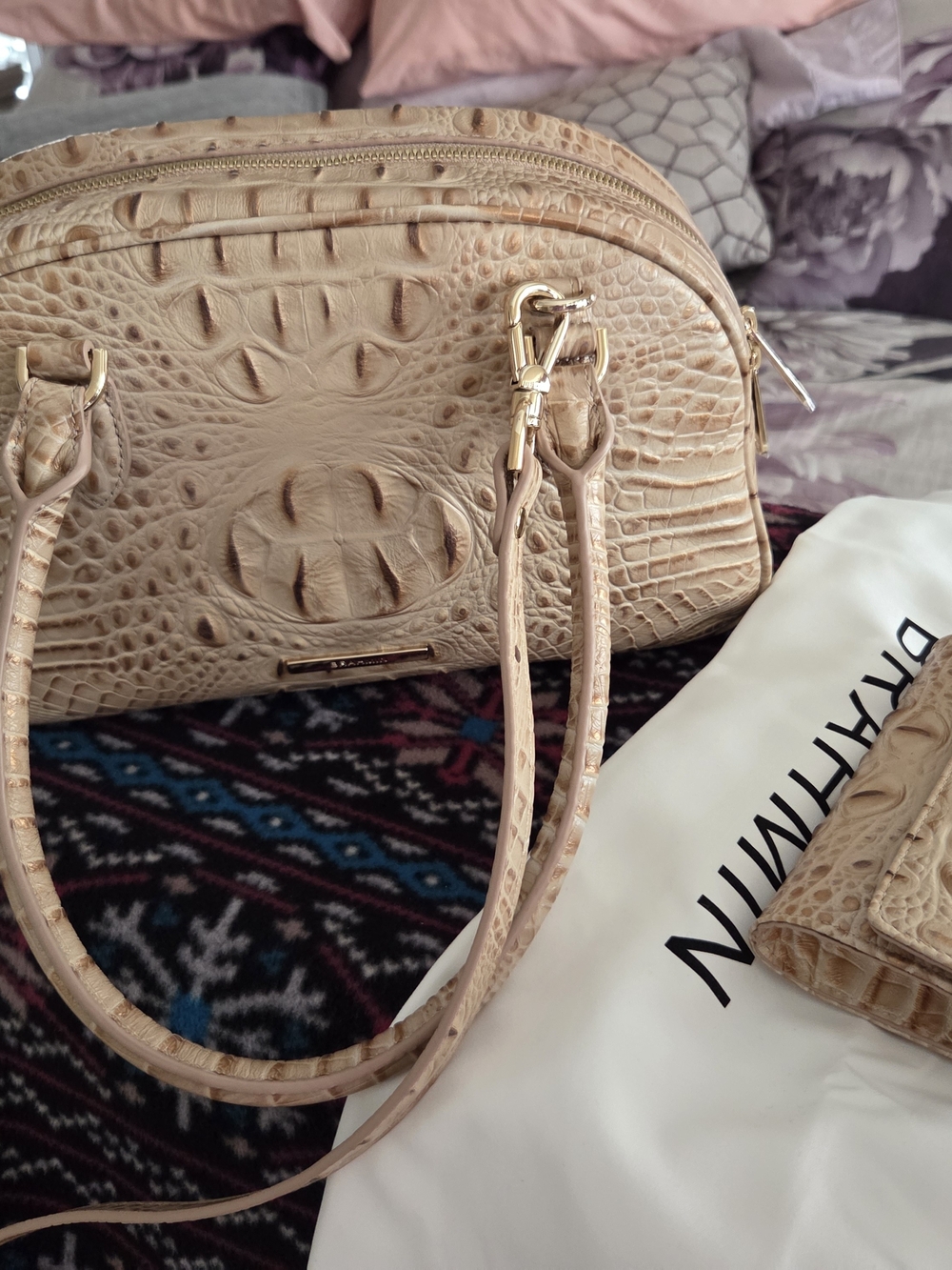 Brahmin Cream Croc-Embossed Satchel with Gold Hardware